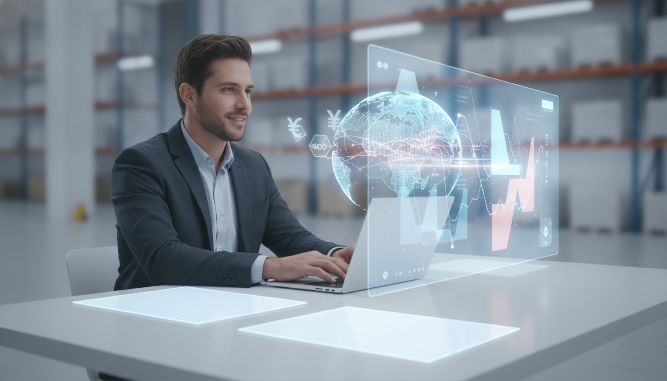 Executivo analisando cotações holográficas e superfícies documentais lisas em notebook, cenário de importação e fechamento de câmbio