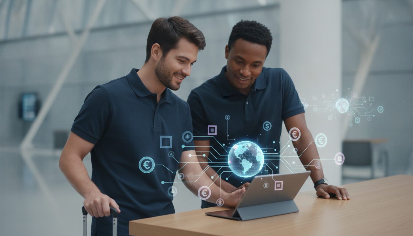 Colaborador diverso ao lado de notebook com interface abstrata, simbolizando diversidade e inclusão em câmbio digital internacional