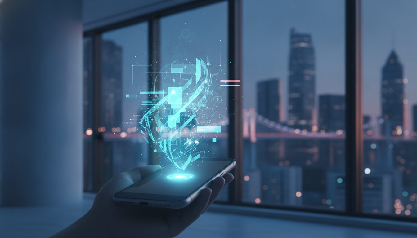 Profissional com smartphone exibindo holograma financeiro azul-ciano que simboliza ordem de pagamento em cenário de vida no exterior