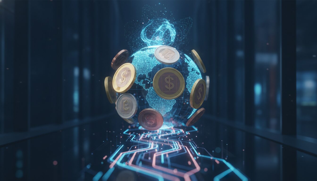 Globo digital com moedas estilizadas e holograma tecnológico representando moedas mais valorizadas