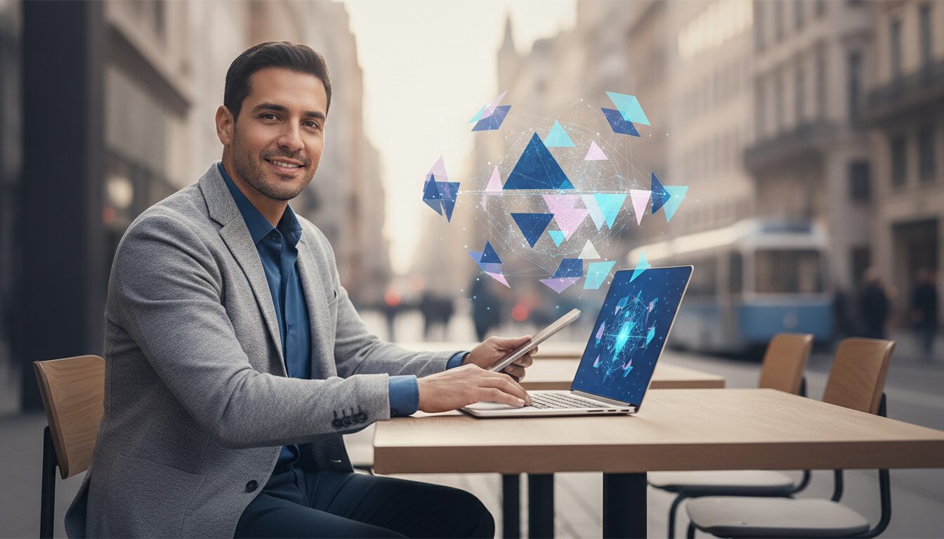 Profissional latino em cafeteria com notebook e holograma abstrato representando cost sharing e alocação de custos