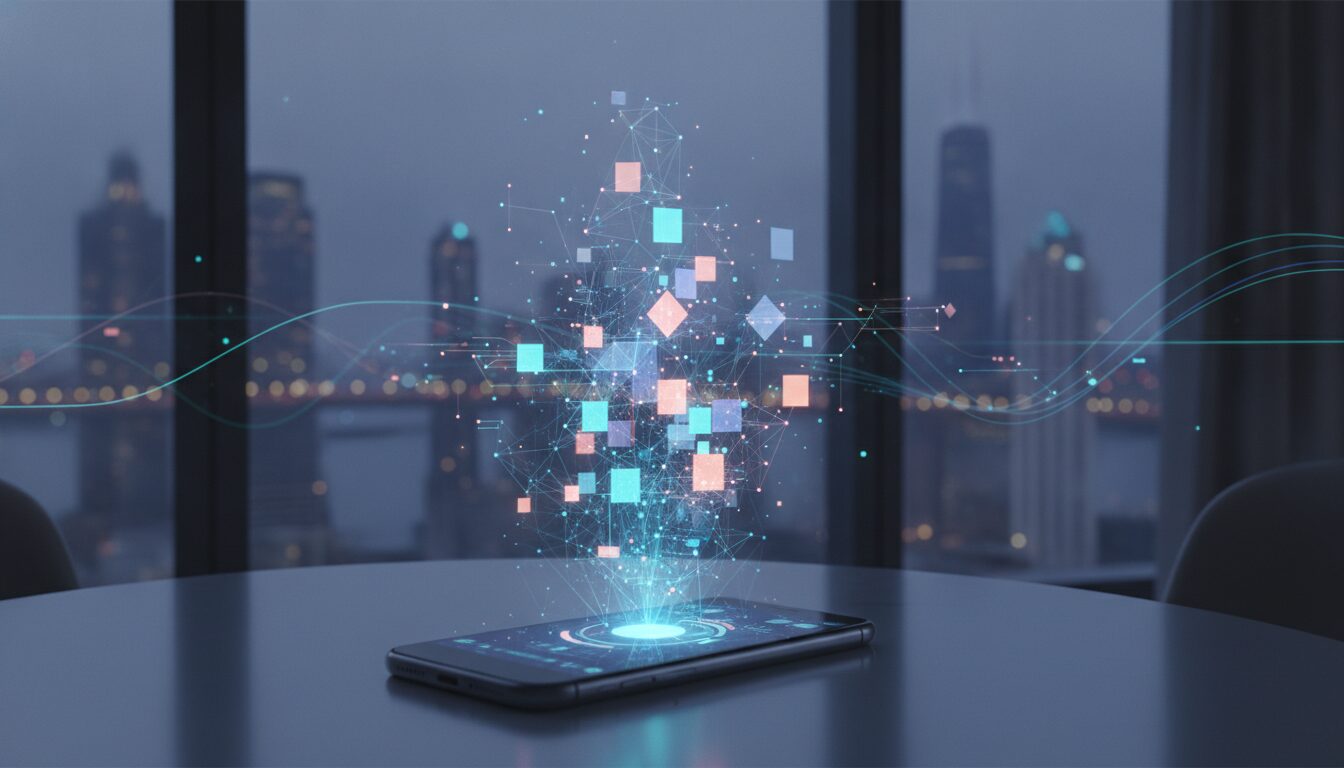 Smartphone apoiado em apartamento internacional com ícones holográficos de moedas digitais, tema investir em criptomoedas