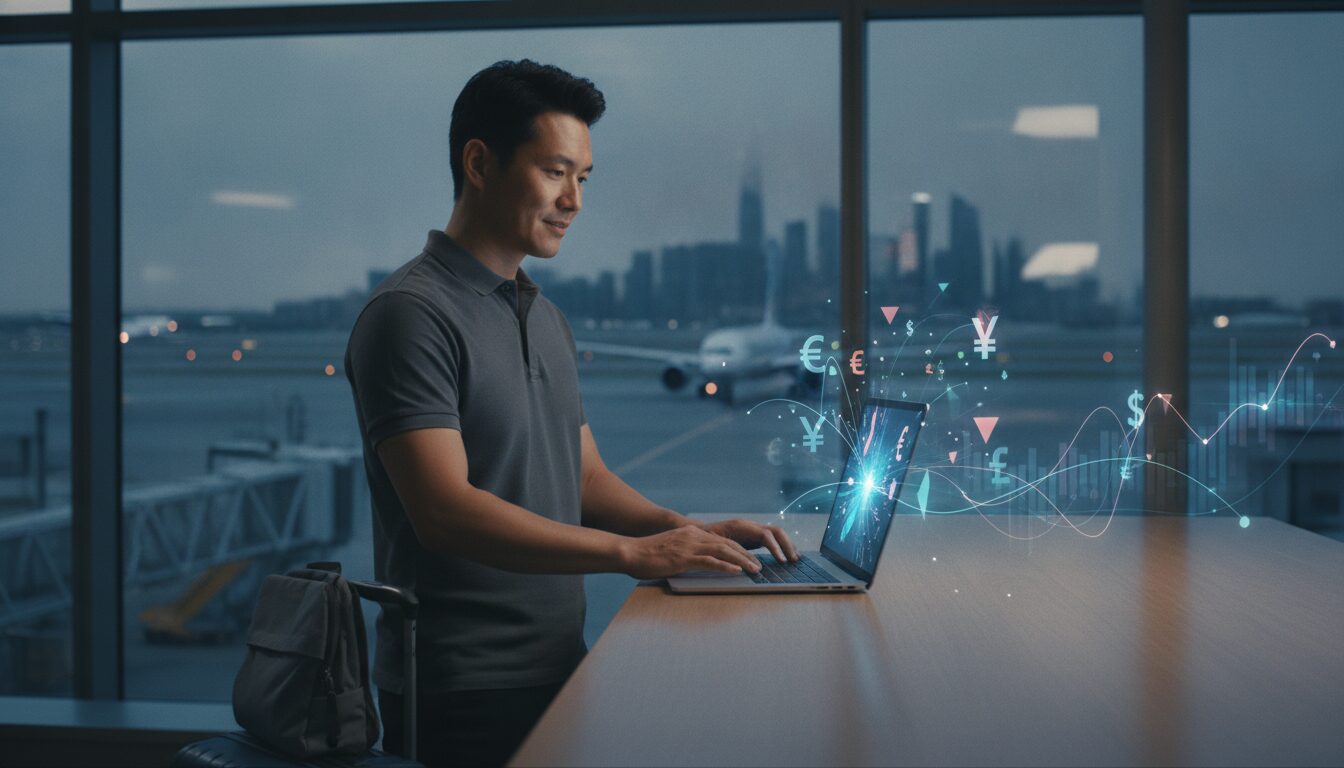 Profissional em aeroporto com notebook e holograma de símbolos monetários, ilustrando taxa de câmbio em contexto de viagem internacional