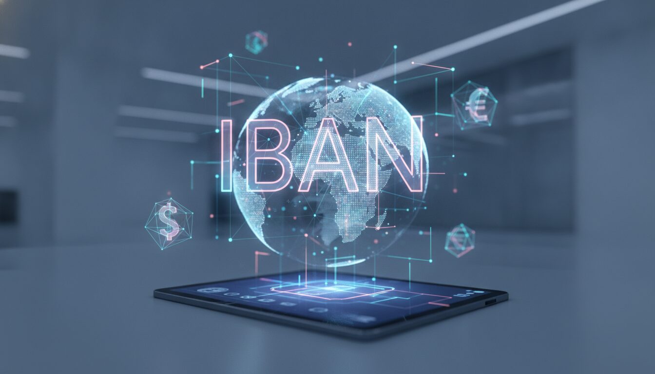 Globo digital e dispositivo financeiro com holografia abstrata representando IBAN e linhas de conexão para transferências internacionais