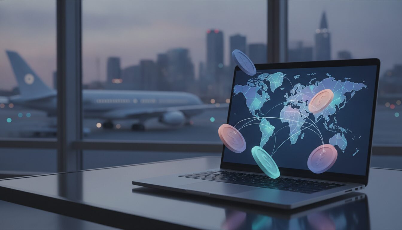 Aeroporto moderno com notebook apoiado exibindo holograma de moedas e linhas, sugerindo receber dinheiro do exterior