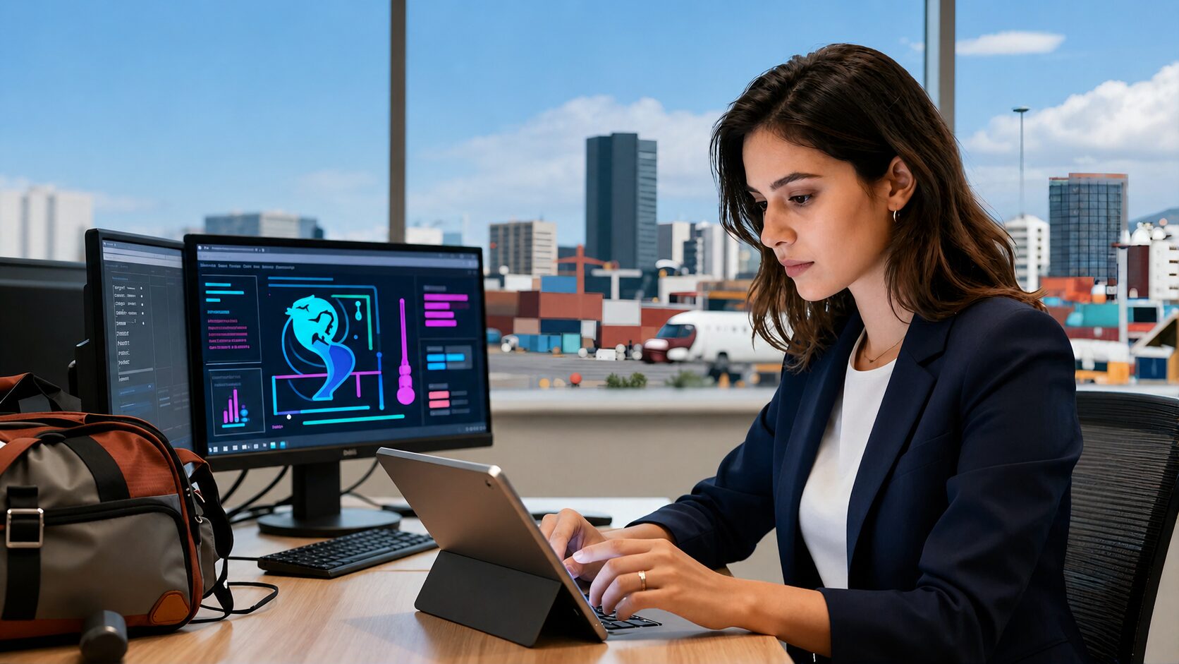 Executiva com tablet e holograma abstrato que simboliza drawback e operações de comércio exterior em cenário de vida nos EUA