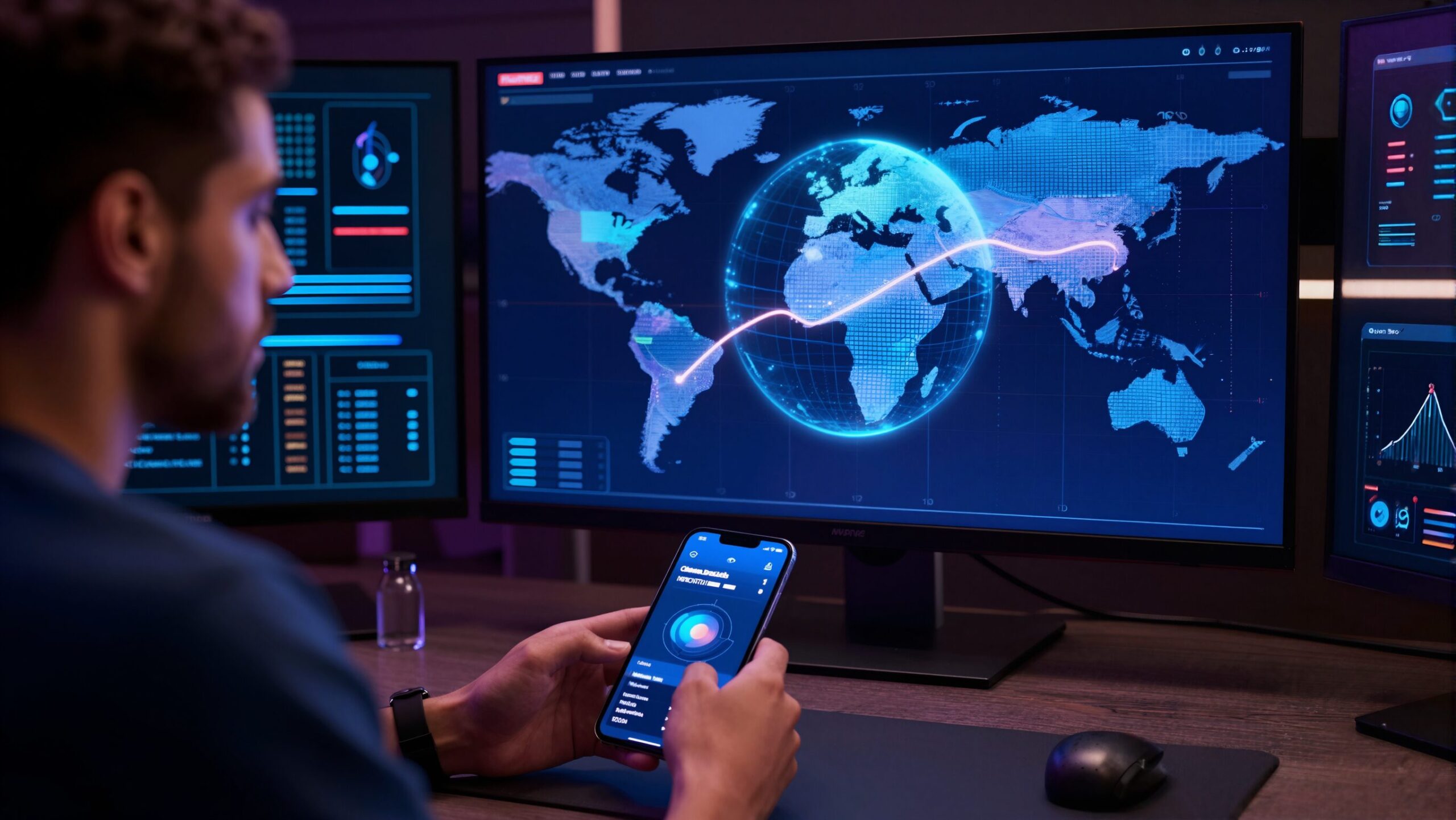 Smartphone apoiado com interface abstrata e holograma de moedas, setas de câmbio e globo digital conectando empresas — fintech