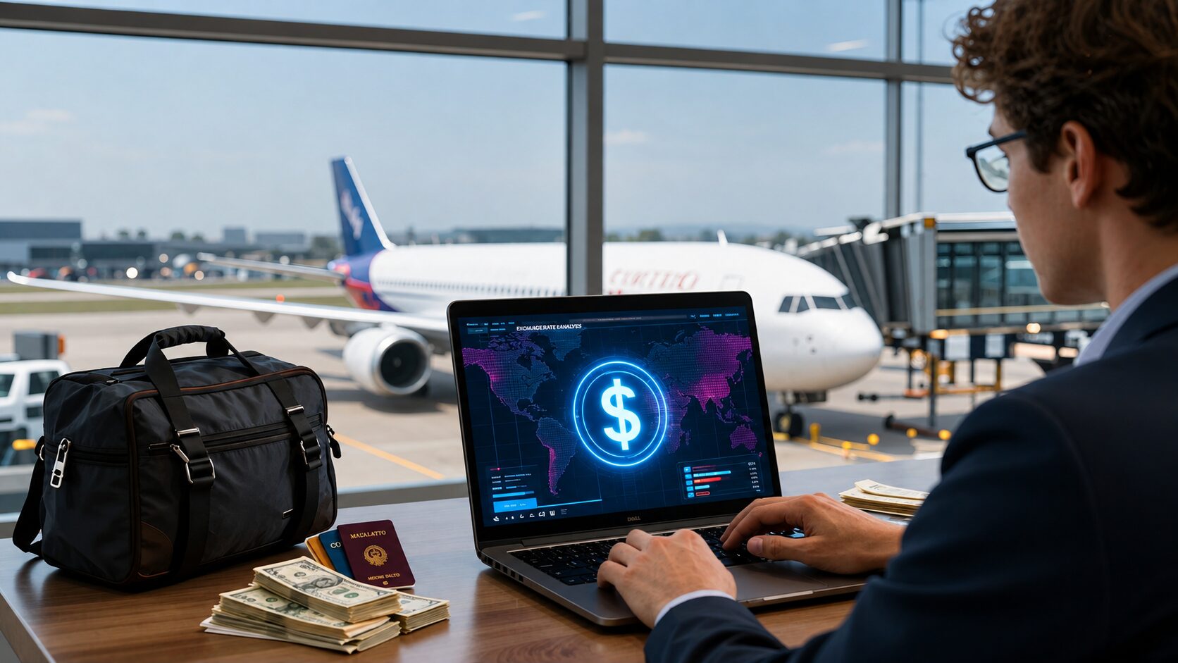 Terminal de aeroporto com notebook, malas discretas e ícone holográfico abstrato que remete a comprar dólar