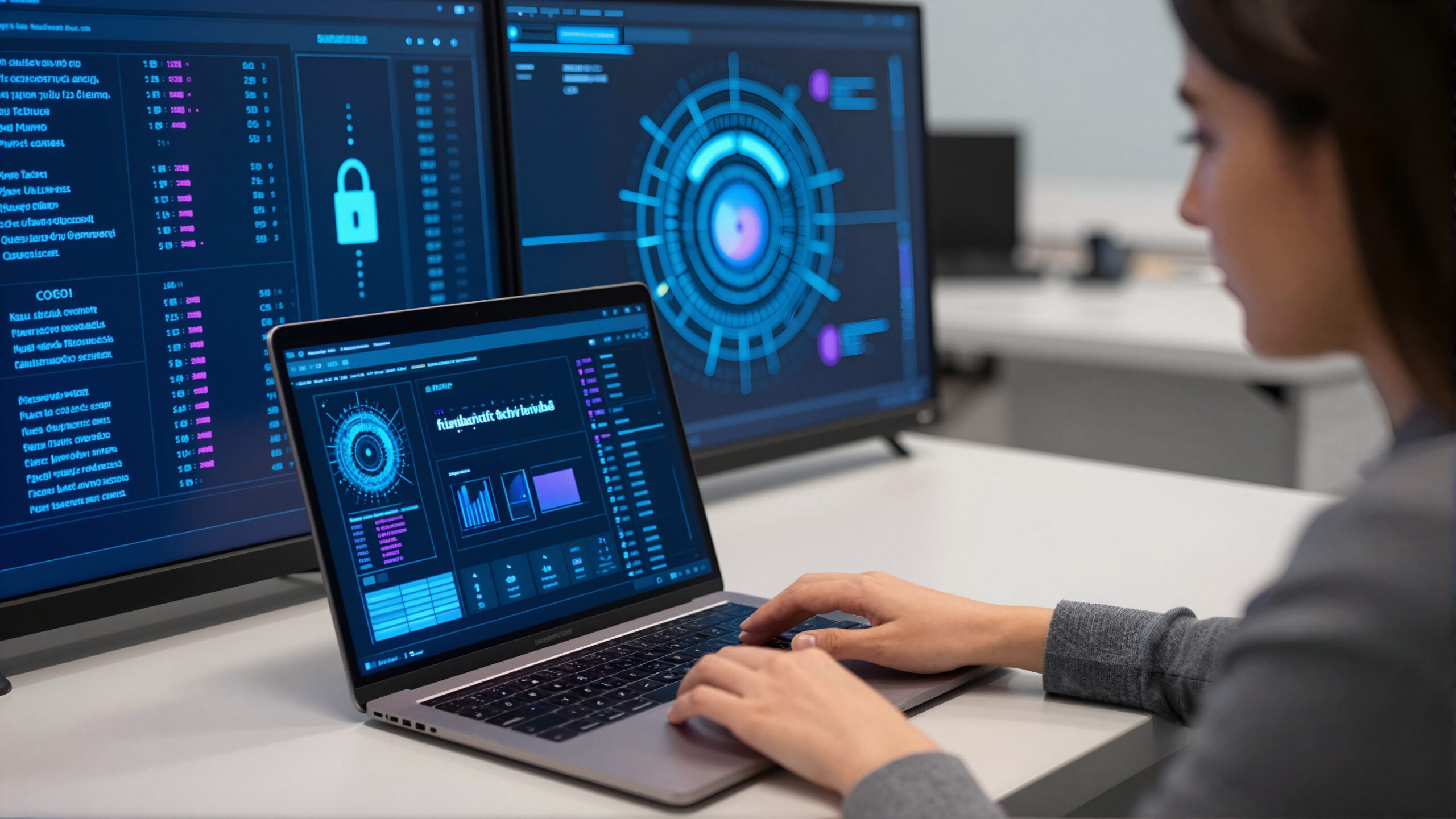 Notebook com painel holográfico azul-ciano e impressão digital holográfica simbolizando DEF Bacen 2023 e conformidade documental