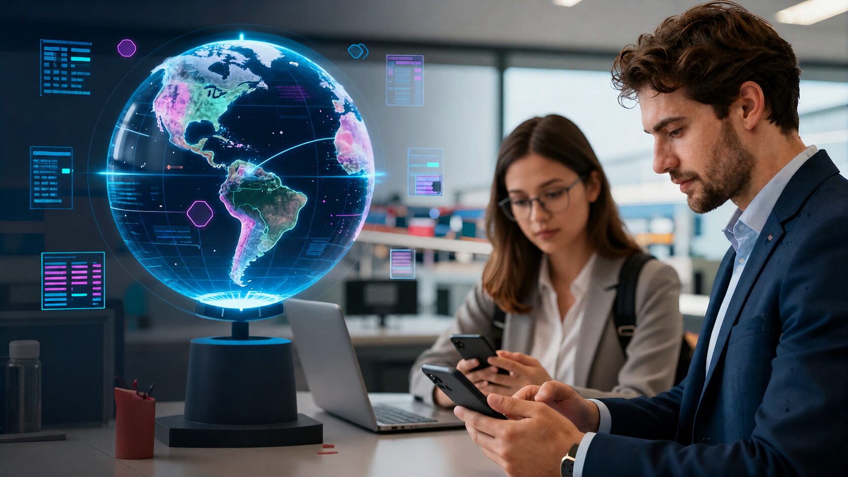 Globo digital com holograma e duas pessoas em aeroporto consultando operação no celular, tema código SWIFT