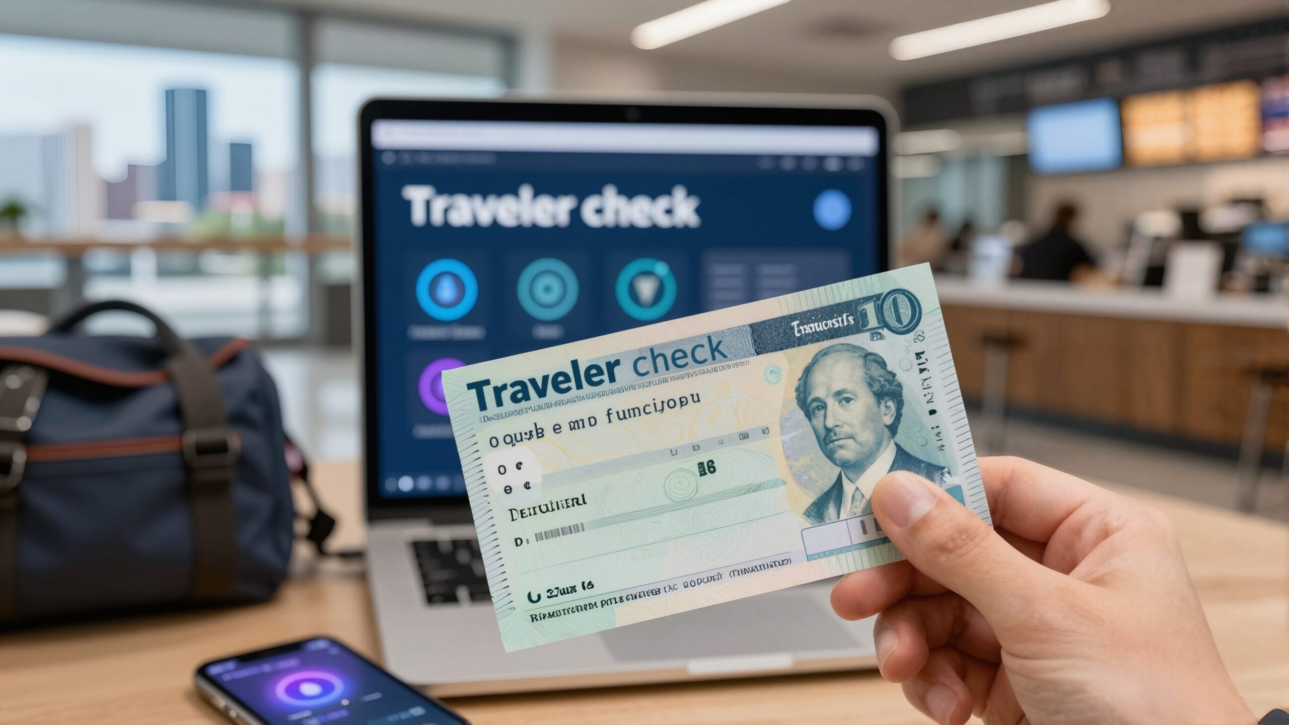 Viajante segurando documento liso com holograma de moedas em ambiente de aeroporto, tema traveler check