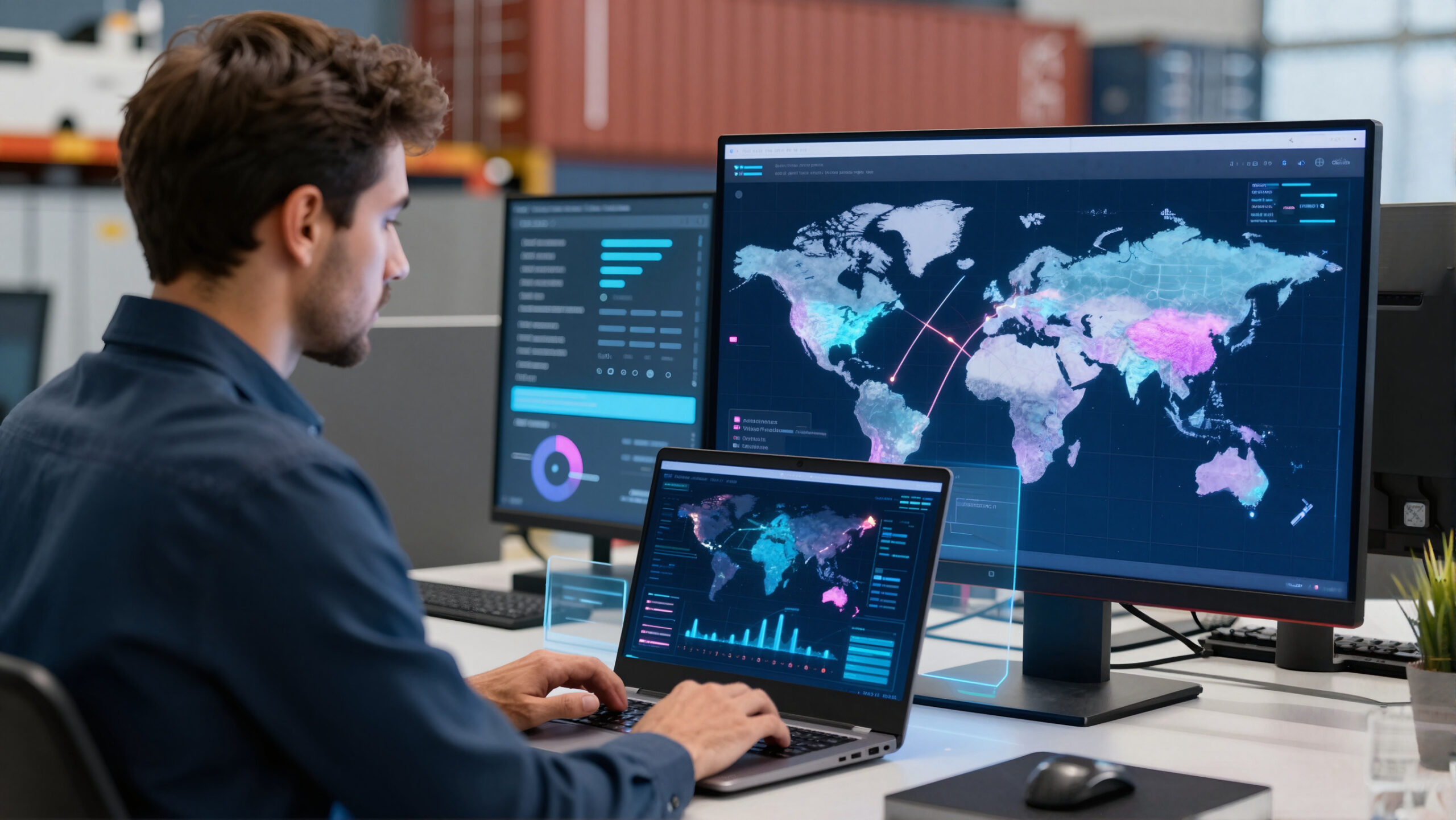 Globo digital com rotas e holograma abstrato conectando empresas, simbolizando trading company e importação