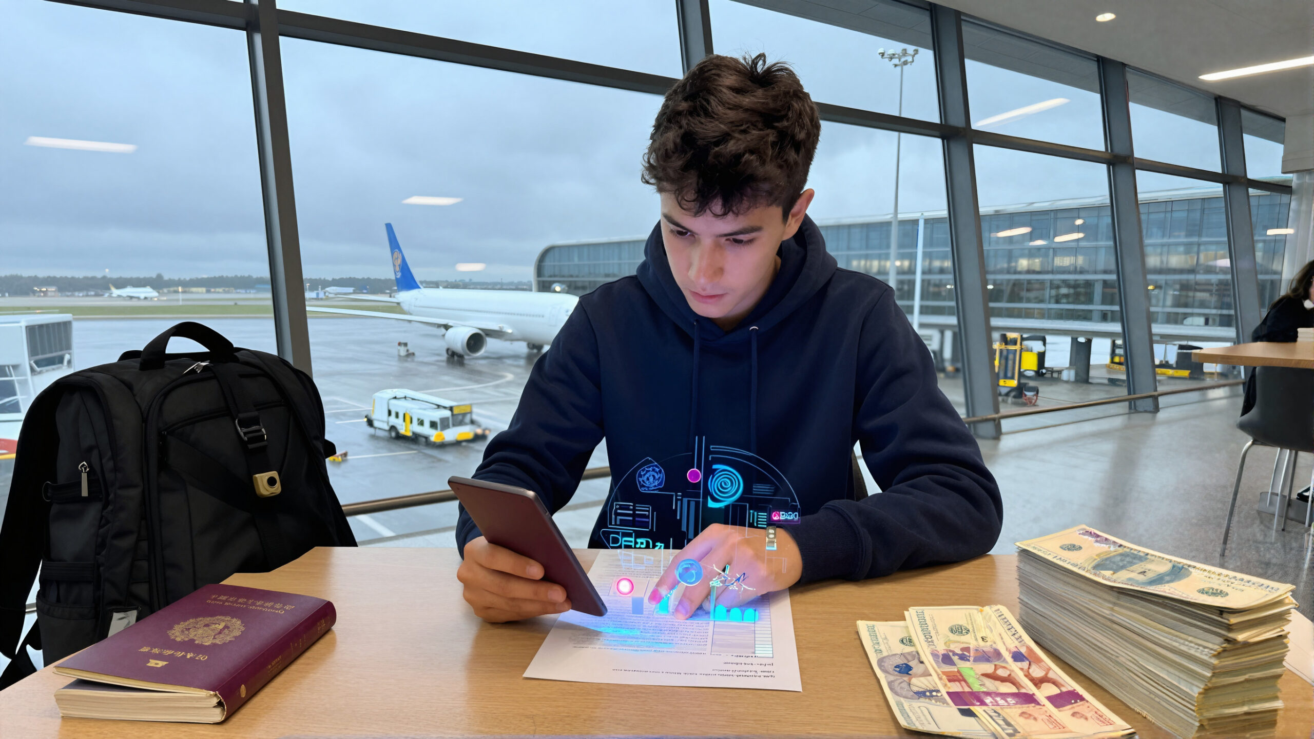 Terminal de aeroporto com malas discretas, avião ao fundo e holograma abstrato sugerindo intercambio na Inglaterra e planejamento financeiro