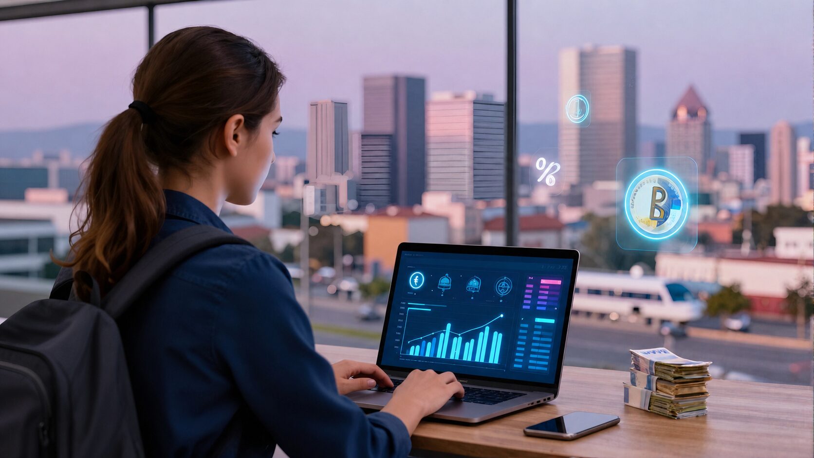 Notebook e hologramas de euro e gráfico abstrato em ambiente urbano que remete ao salario minimo portugal