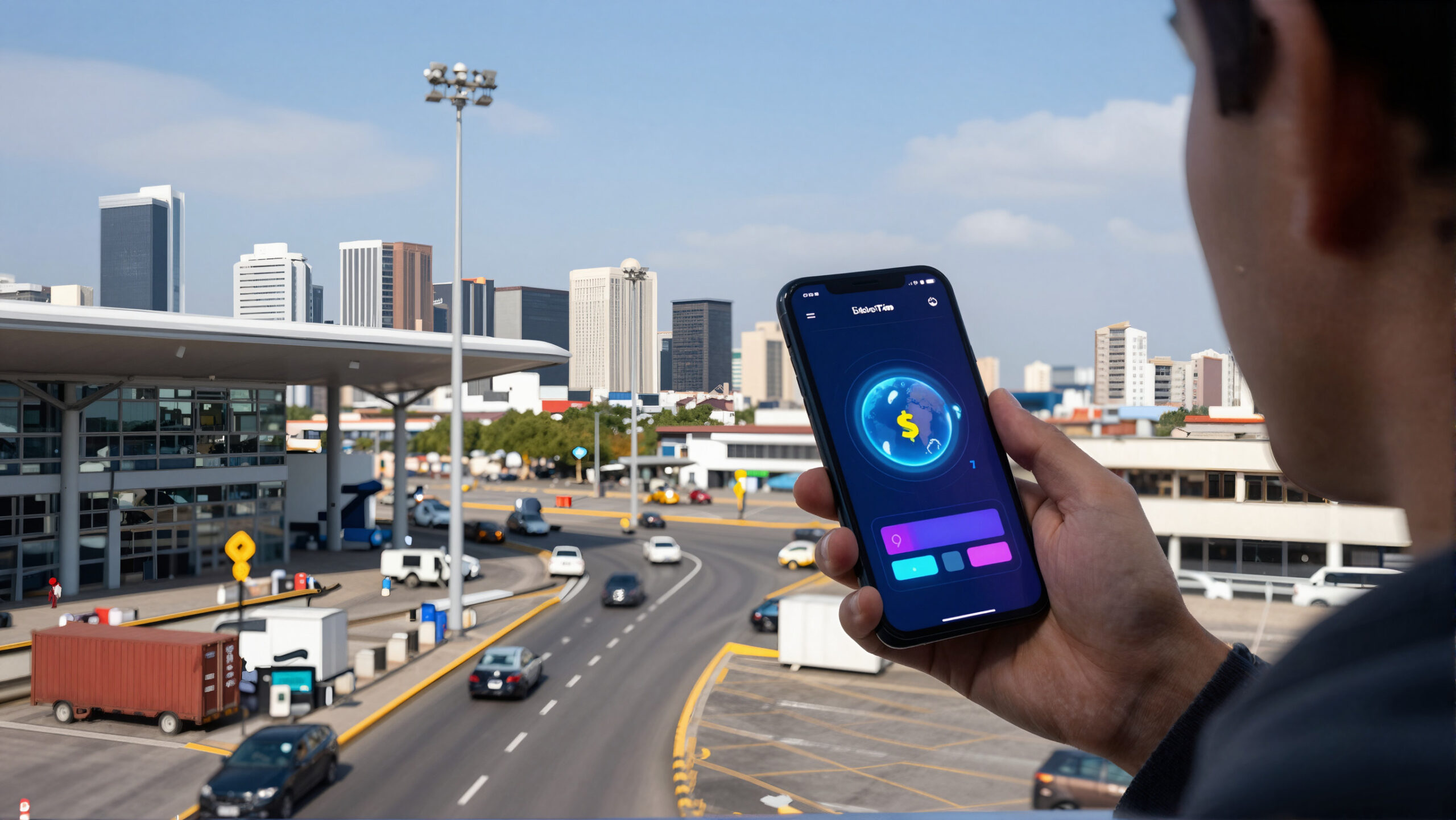 Viajante segurando cartão abstrato liso, sem marca, números ou caracteres internacional e smartphone com holograma de globo, fundo de aeroporto sutil