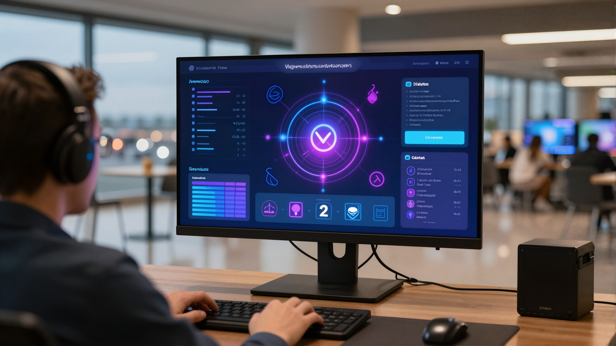 Estúdio de streaming com notebook e ícones holográficos de pagamentos, ilustrando salário e custo de vida nos Estados Unidos