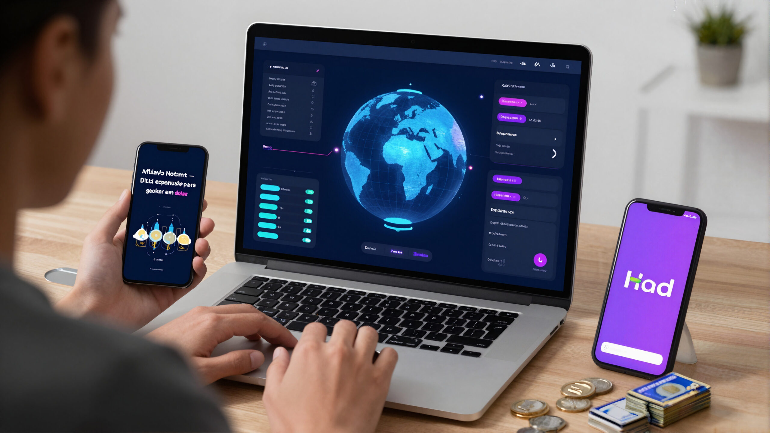 Interface abstrata de câmbio digital com dispositivo e globo holográfico que sugere afiliado hotmart e transferência internacional