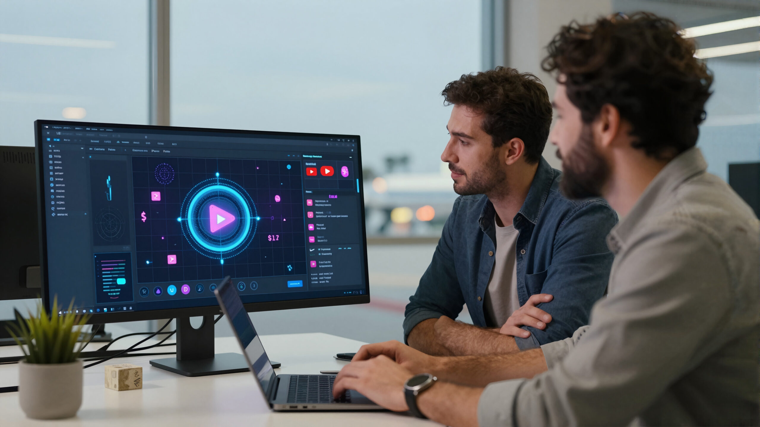 Criador de conteúdo em aeroporto com notebook e hologramas de play e símbolo de dólar, representando salário e custo de vida nos EUA