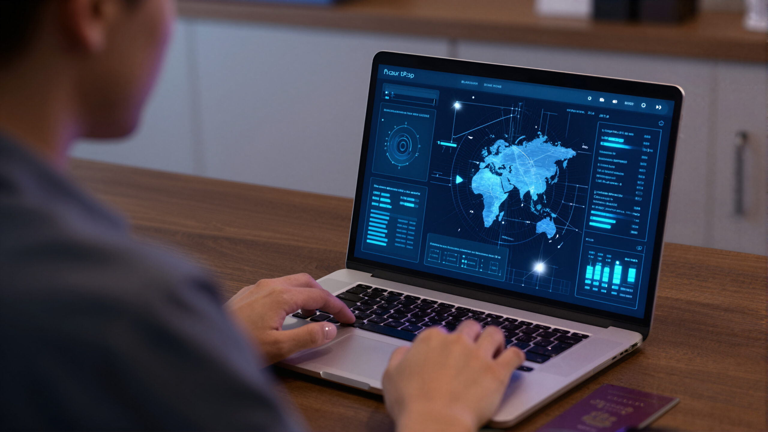Notebook com holograma azul-ciano de identidade digital em cenário urbano institucional, evocando registro ROF e custo de vida nos EUA
