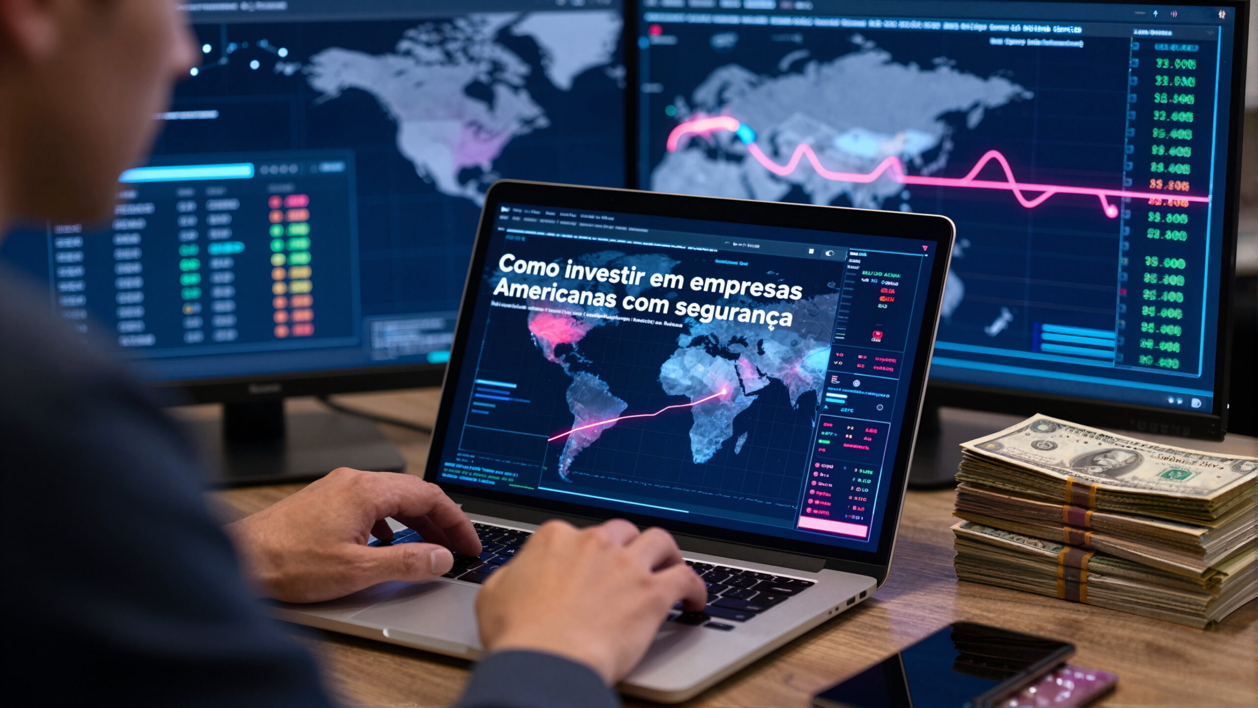 Globo digital com linhas de transferência e tablet com gráfico abstrato, representando remessa e conversão para investir em empresas americanas