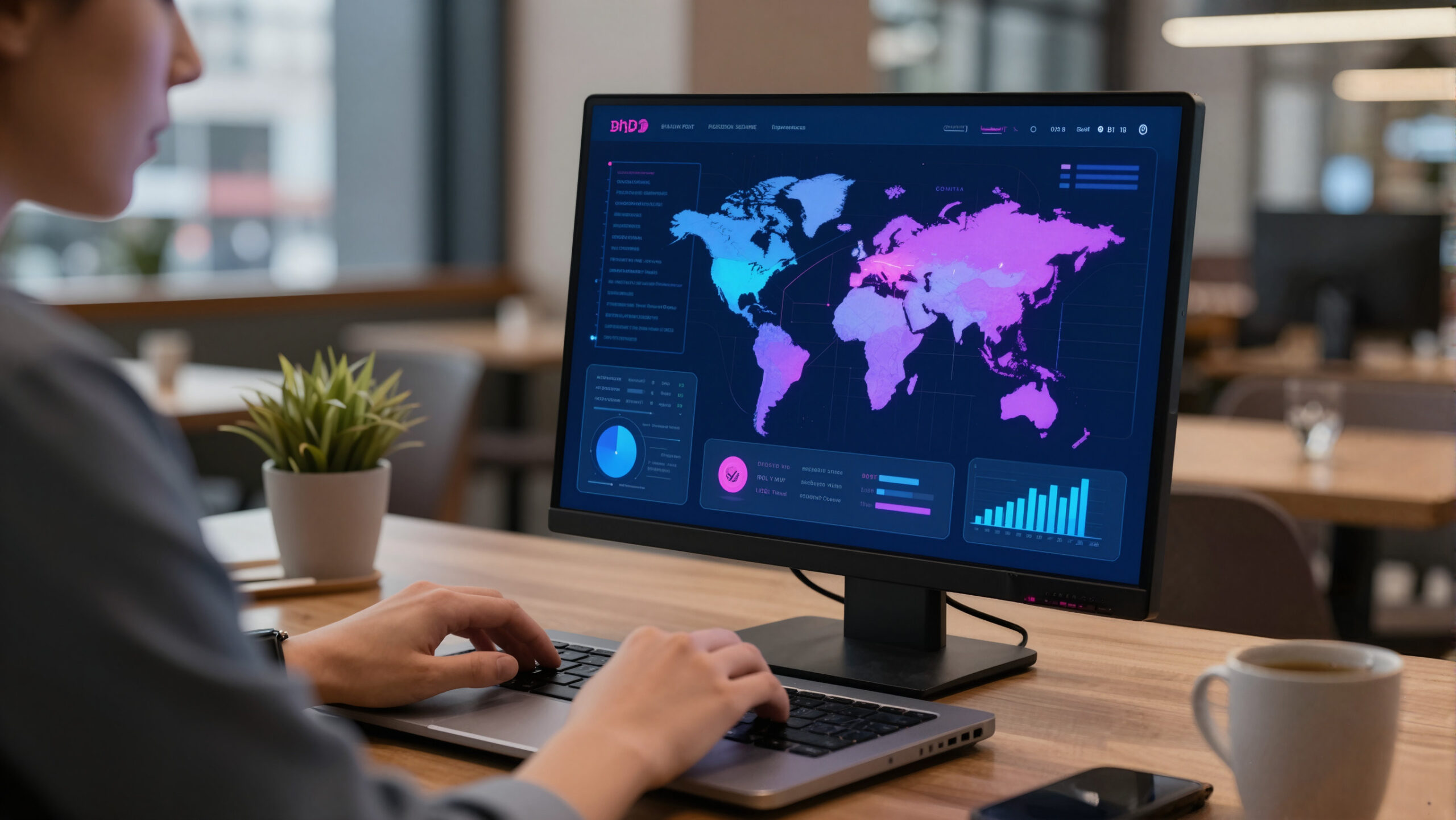 Notebook em apartamento urbano com painel holográfico abstrato sugerindo remessa internacional e conexões de transferência digital