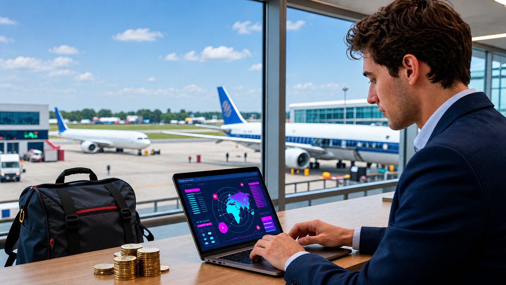 Profissional em aeroporto consultando dispositivo digital com interface abstrata e holograma de moedas, simbolizando trade finance