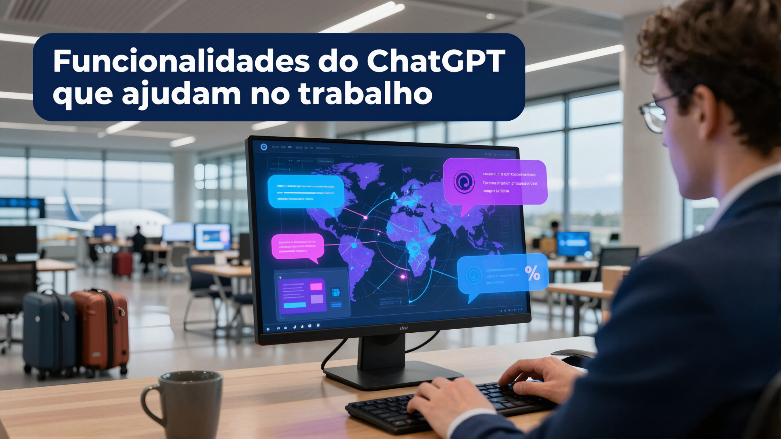 Terminal de aeroporto com notebook e interface abstrata sugerindo automação financeira e uso de chatgpt