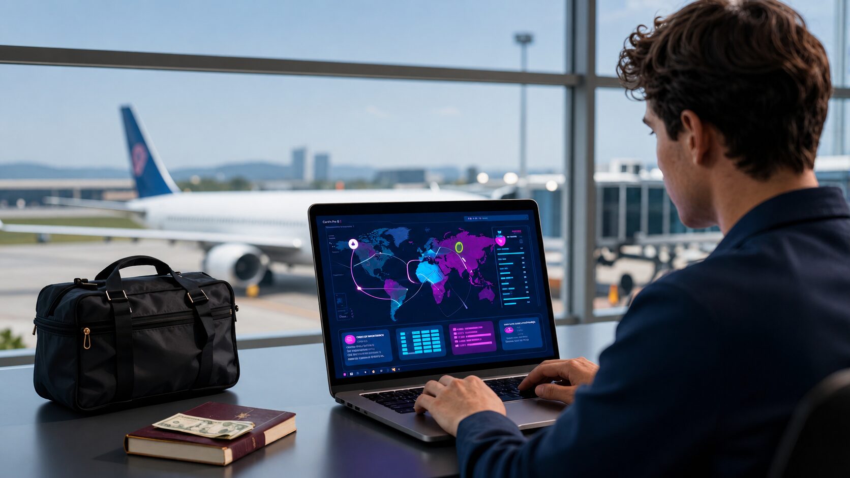 Aeroporto moderno com malas e interface holográfica abstrata em tela, representando iof sobre empréstimos