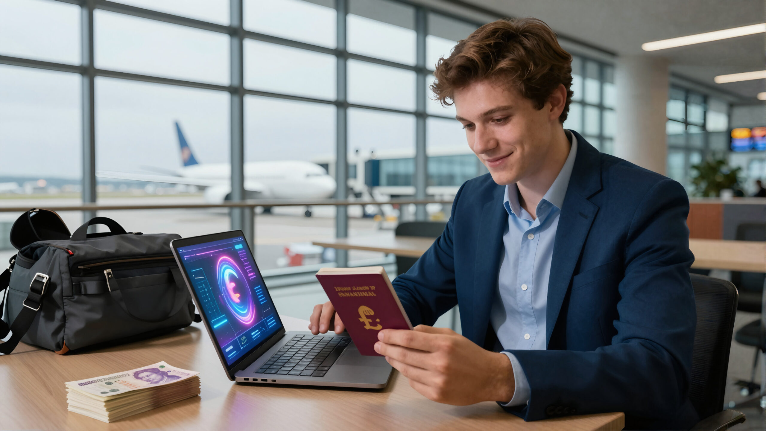 Jovem em aeroporto com notebook e holograma do símbolo da libra esterlina, malas e janela para pista