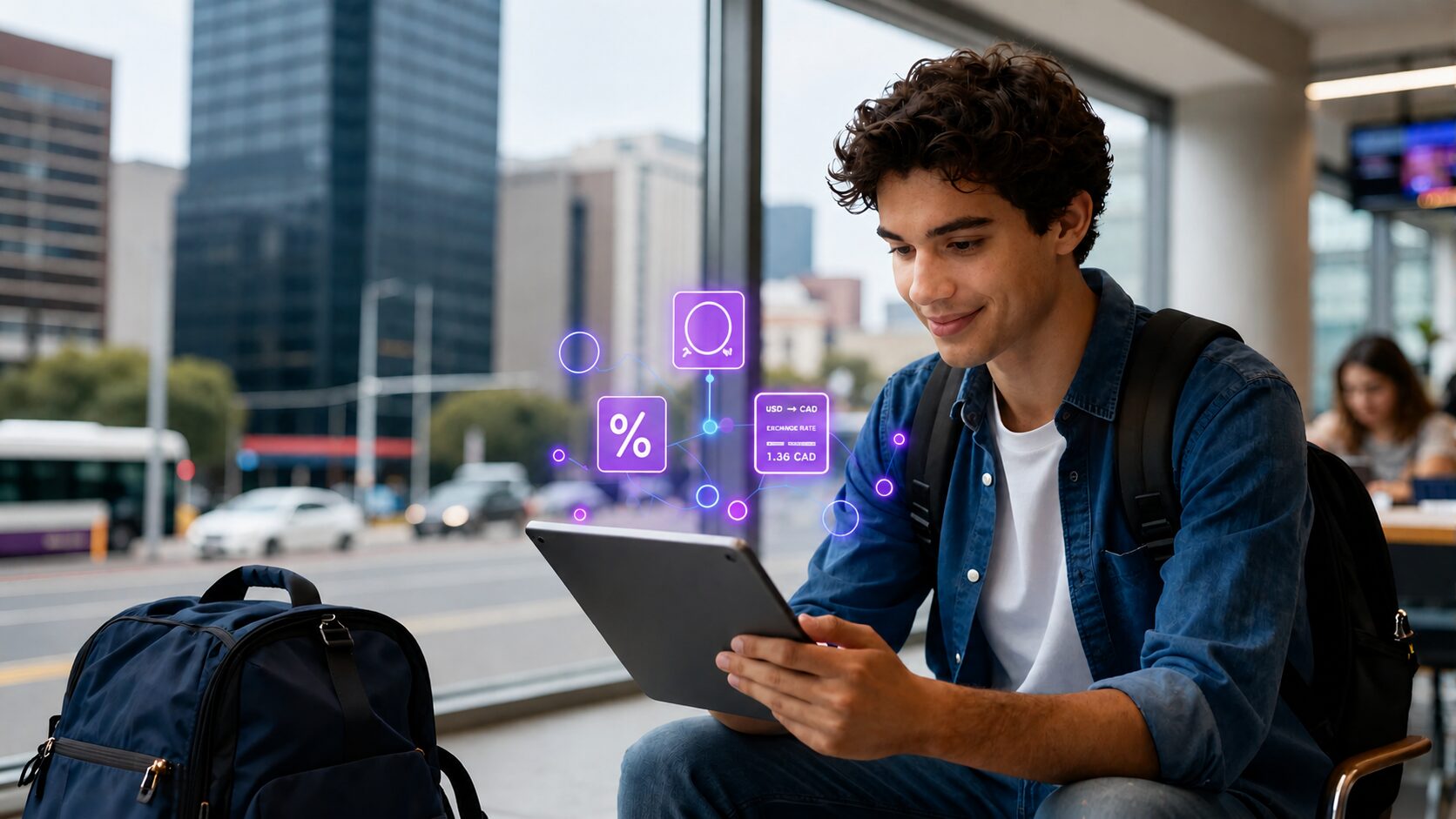 Estudante segurando tablet com interface abstrata de câmbio, sugerindo planejamento financeiro para intercâmbio no Canadá