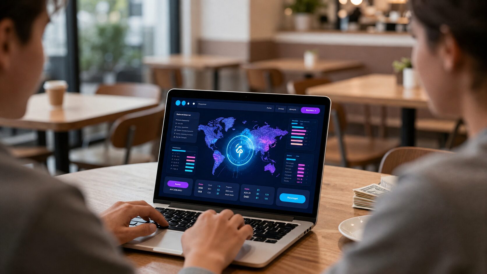 Apartamento editorial com notebook e holograma abstrato de pagamentos em dólar, cenário tecnológico para afiliado Hotmart.