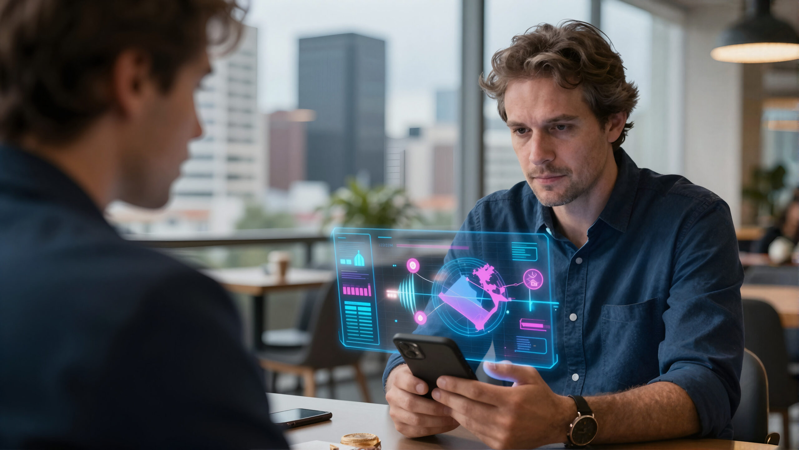 Profissional segurando celular com holograma de fluxos e ícones de moedas representando transferências unilaterais e planejamento financeiro nos EUA