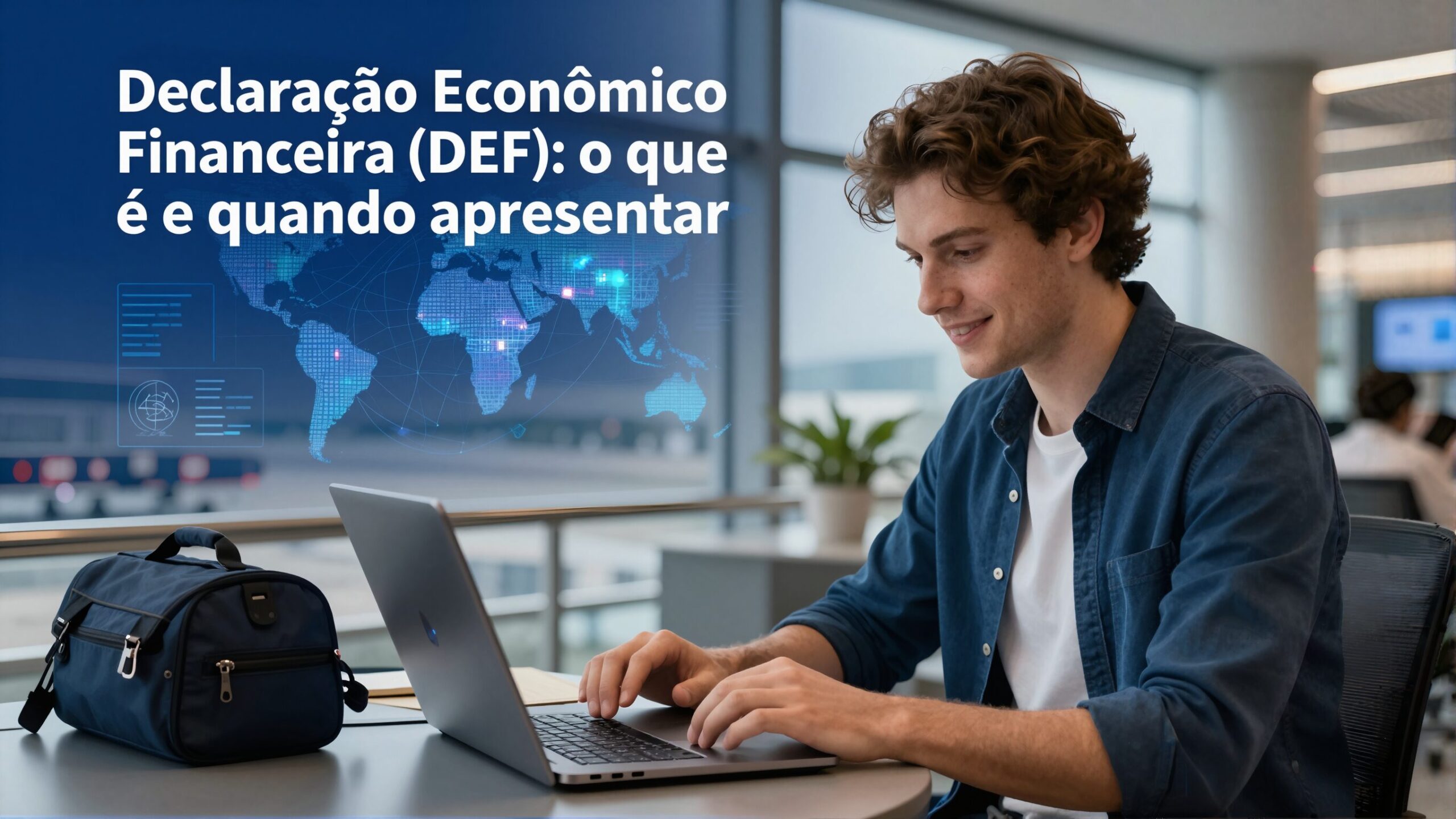 Jovem em aeroporto com notebook e globo digital holográfico com impressão digital, simbolizando Declaração Econômico Financeira