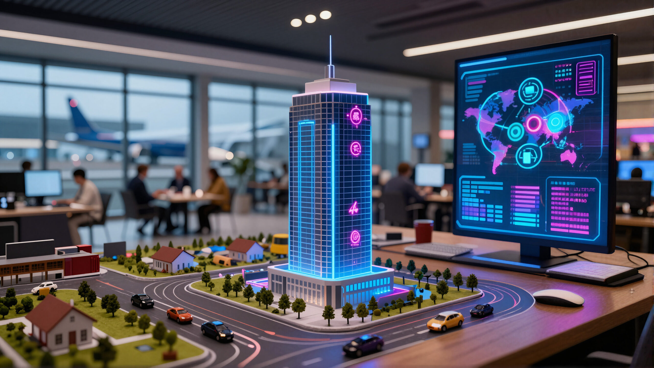 Miniatura de casa em primeiro plano num terminal de aeroporto moderno com holograma financeiro, tema investir no mercado imobiliário