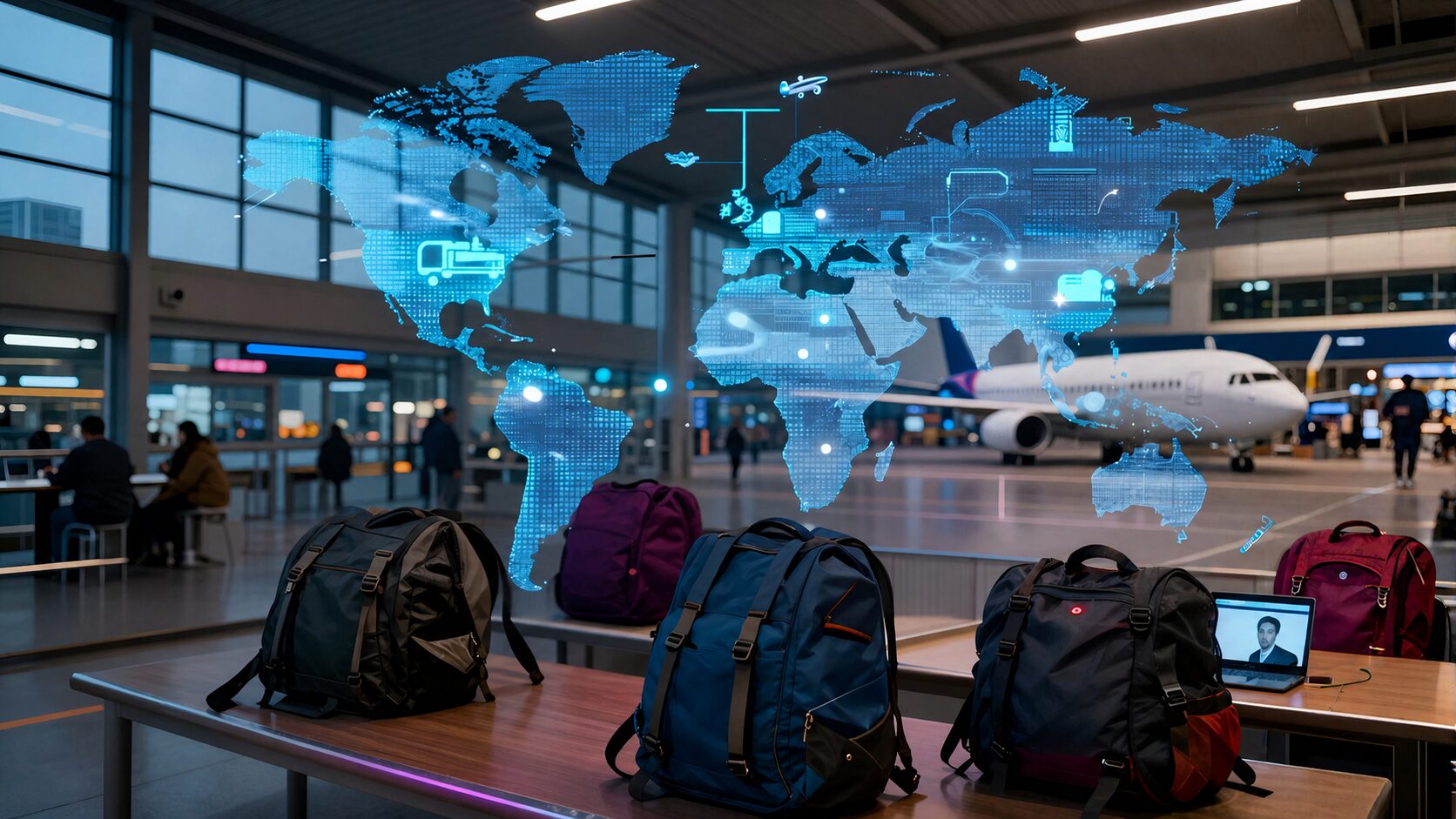 Núcleo holográfico azul-ciano com ícones e rotas representando modais de transporte em primeiro plano de um terminal aeroportuário moderno