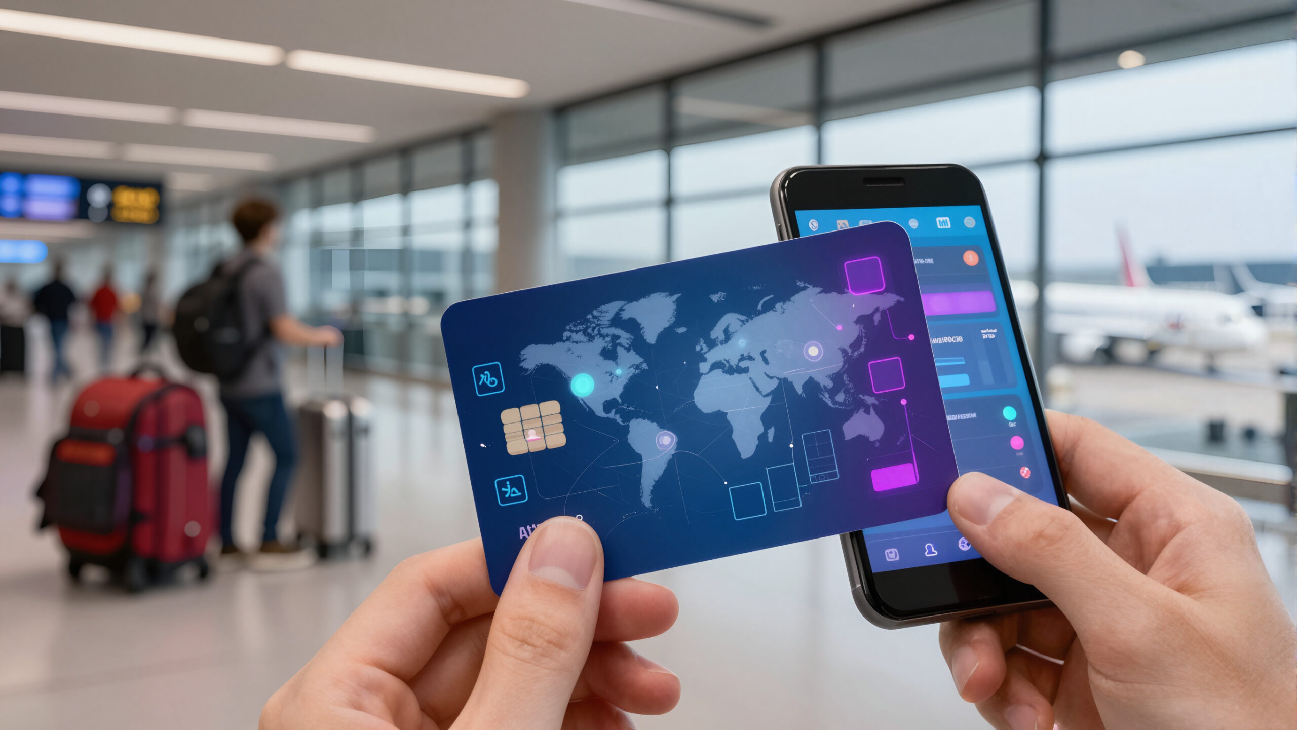 Cartão abstrato liso, sem marca, números ou caracteres internacional com holograma e interface geométrica em aeroporto