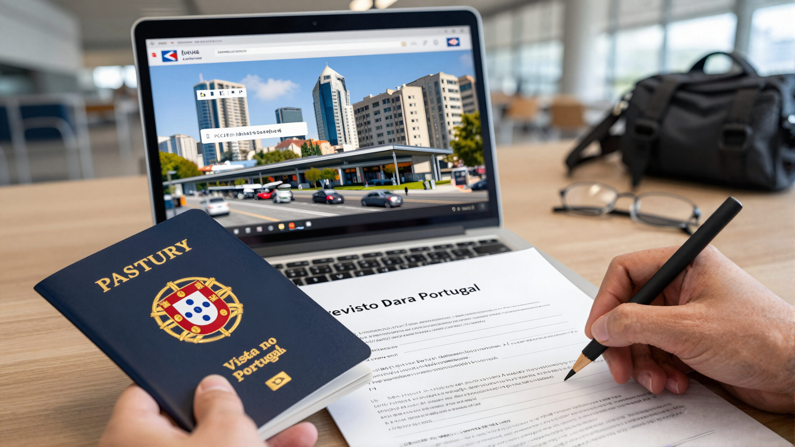 Capa de passaporte genérica sobre mesa com documentos e holograma abstrato representando formulário digital — visto para Portugal