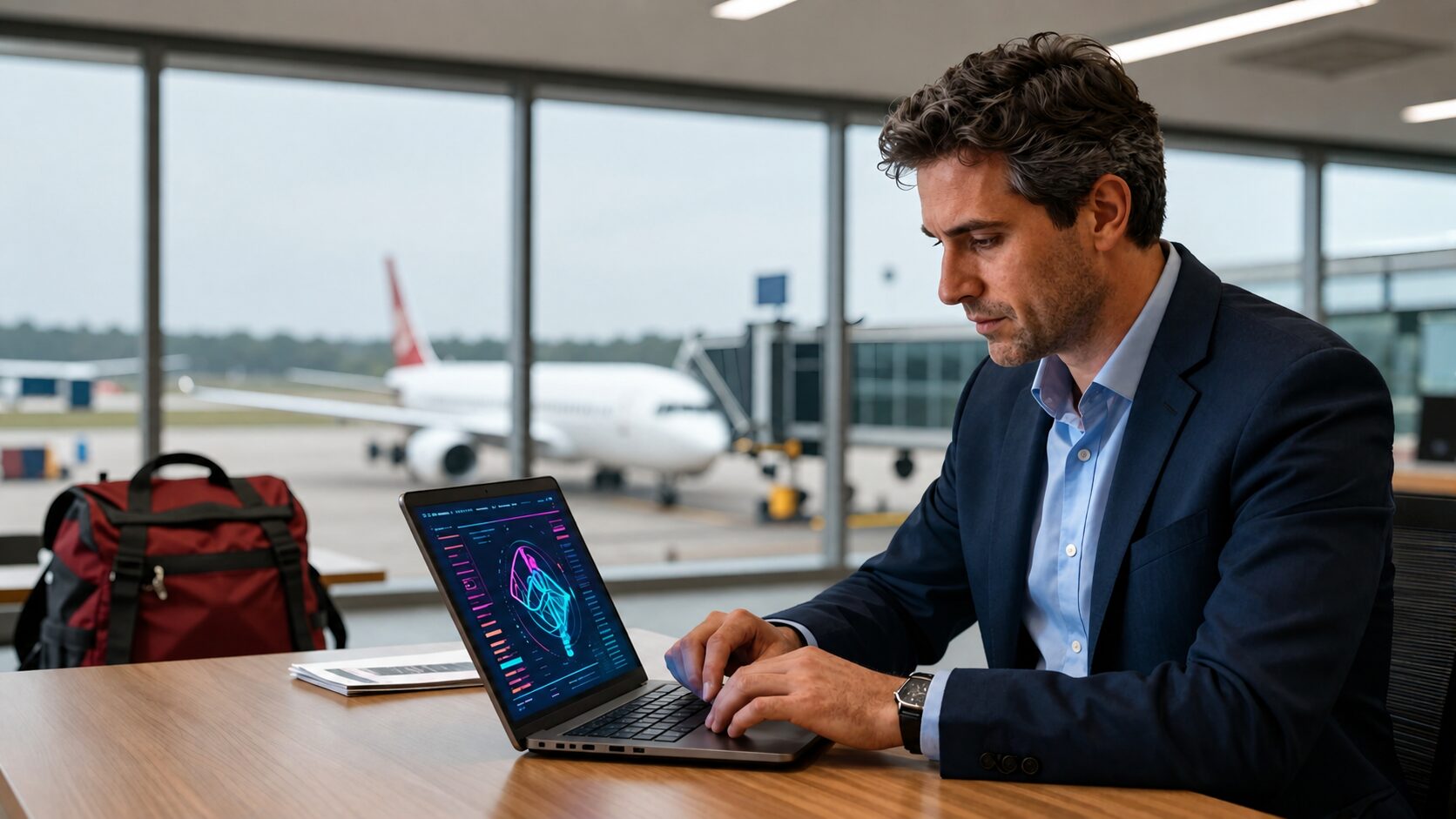 Profissional no aeroporto usando notebook e holograma financeiro analisando custos da compra de casas no Canadá