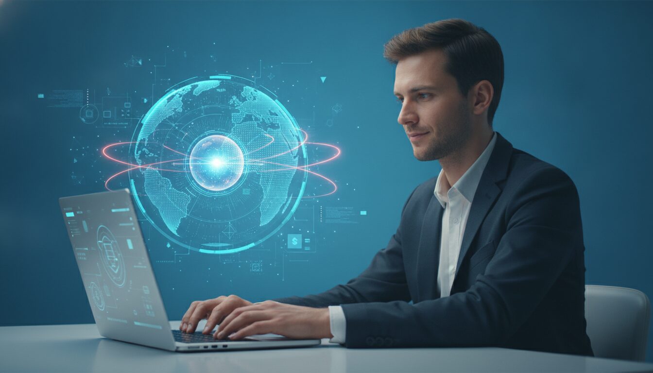 Profissional com notebook e holograma financeiro azul-ciano simbolizando ABA Routing Number e transferência internacional