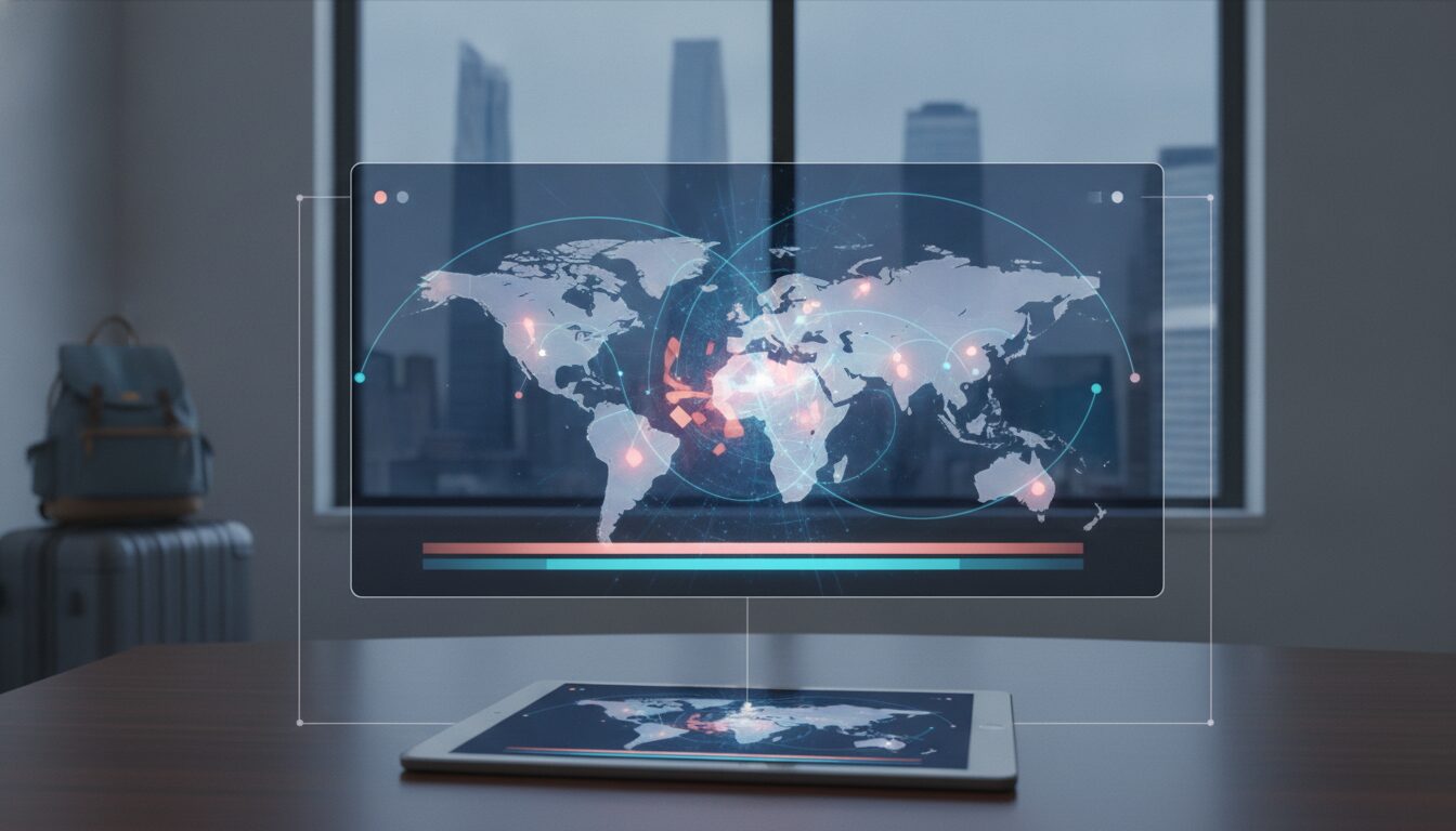 Apartamento com laptop e interface abstrata conectando ícones de moedas, sugerindo doações internacionais em contexto de vida no exterior