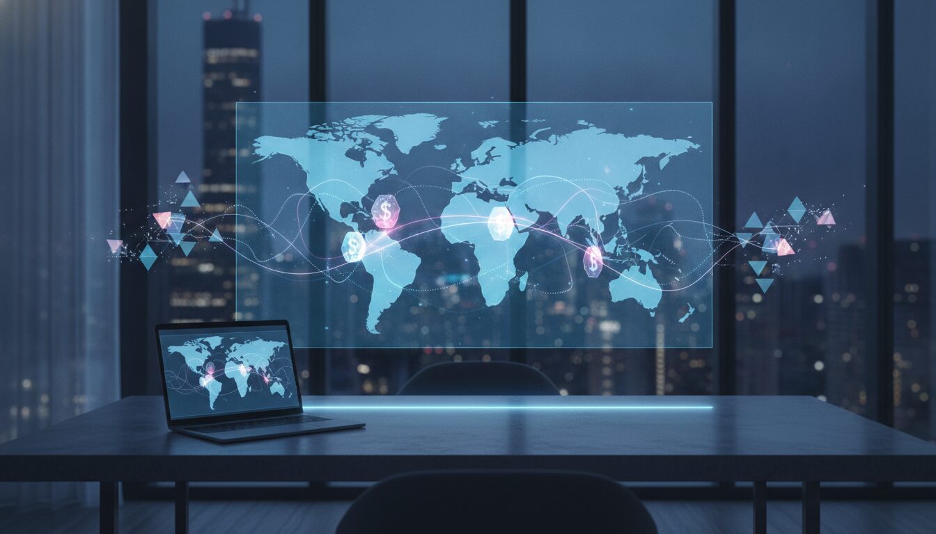 Apartamento urbano moderno com holograma translúcido de moedas e linhas conectando países representando doações internacionais