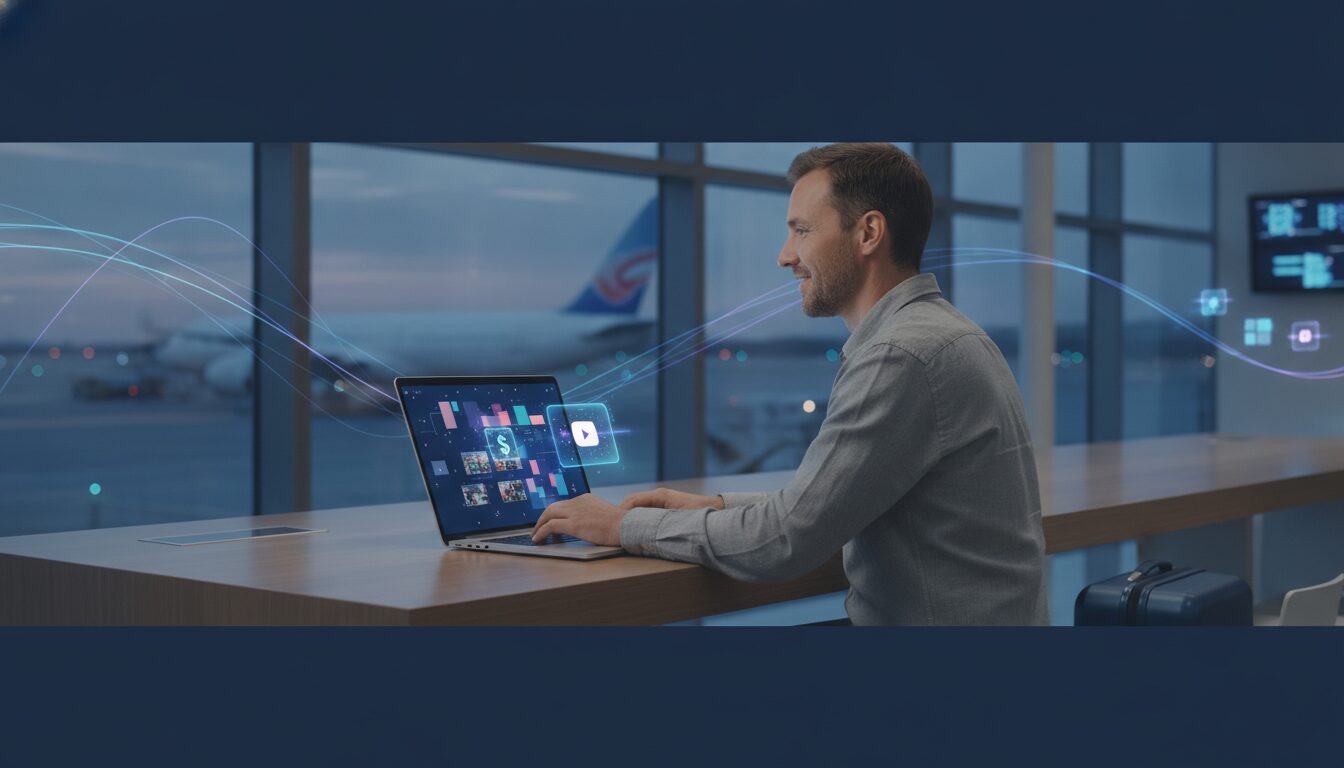 Criador em aeroporto com notebook e holograma de pagamento, ilustrando receber dinheiro do YouTube e planejamento de renda