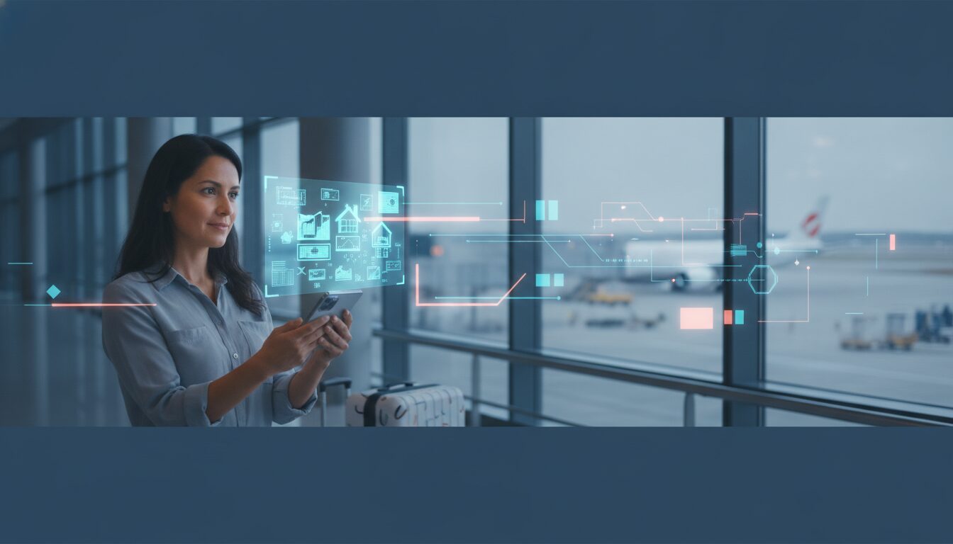 Investidora latina em aeroporto segurando celular com holograma imobiliário, tema comprar casas nos estados unidos