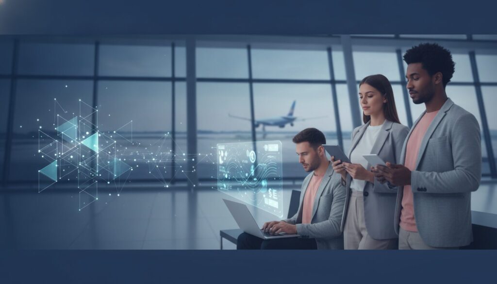 Pessoa em aeroporto com notebook gerenciando pagamentos digitais e estratégias para ganhar dinheiro com blog