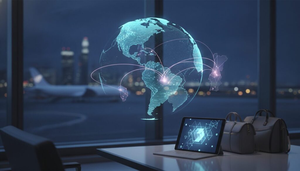 Terminal de aeroporto moderno com malas e globo holográfico abstrato simbolizando residência automática em Portugal