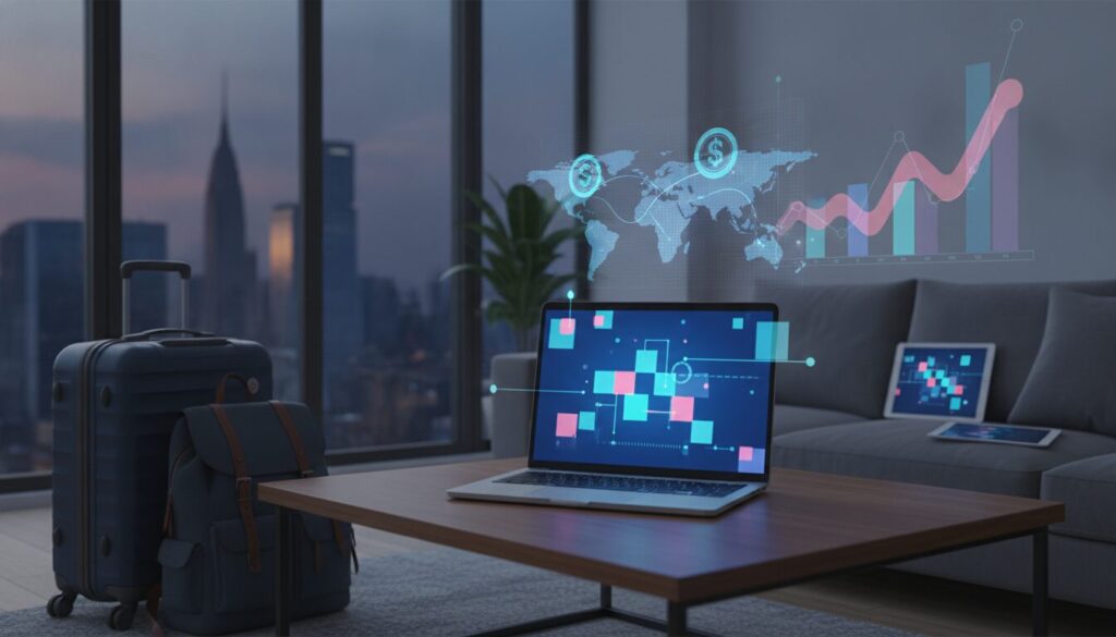 Notebook com interface abstrata e holograma de símbolos monetários sobre cenário urbano dos EUA, representando o mercado de câmbio