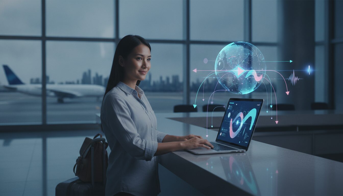 Profissional em aeroporto com notebook e esfera holográfica representando contrato de swap e fluxos cambiais