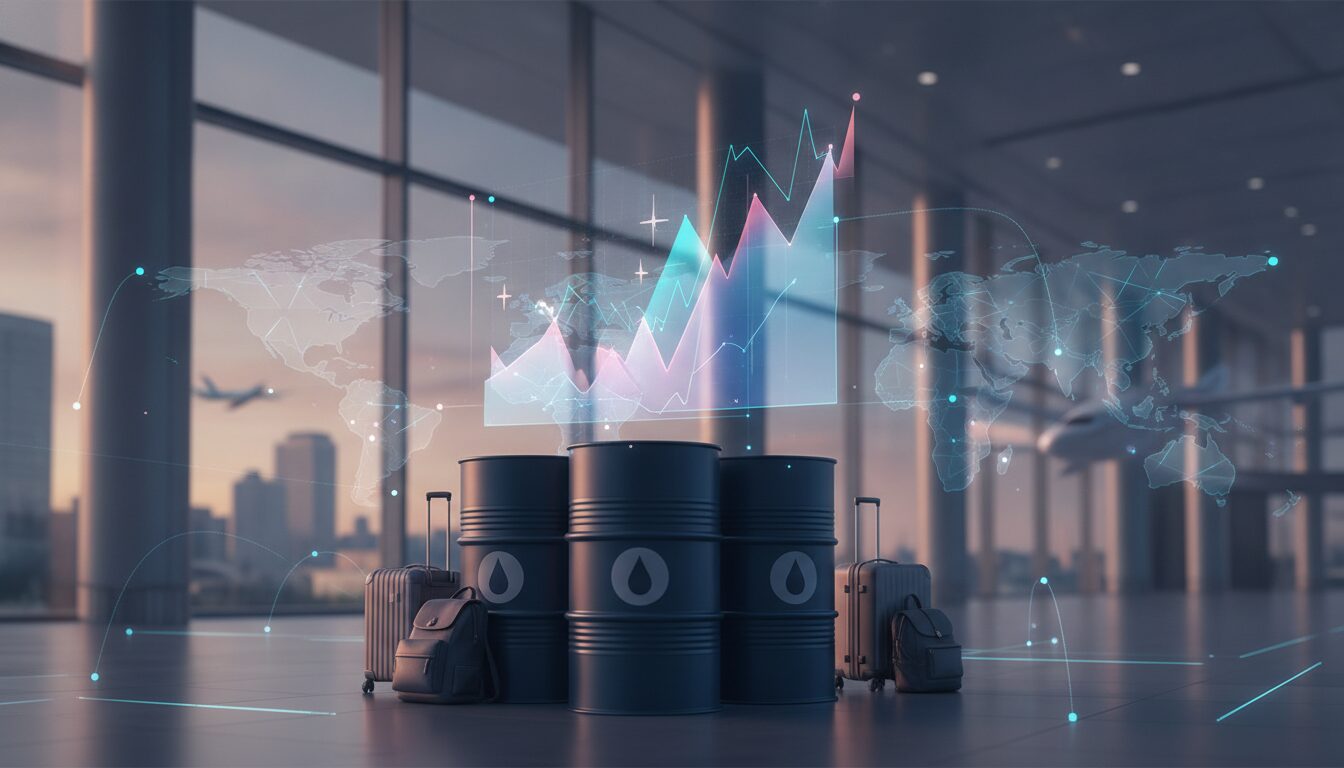 Barris de petróleo em primeiro plano num terminal de aeroporto com holograma de gráfico abstrato sugerindo influência da OPEP.