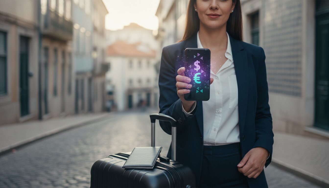 Viajante segurando smartphone com interface abstrata e mala em aeroporto com paisagem portuguesa ao fundo — viagem para Portugal