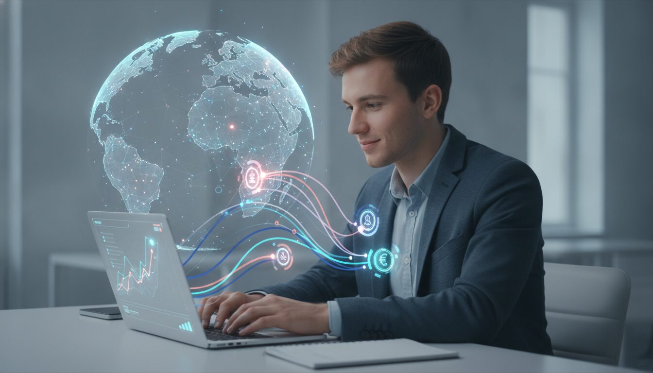 Fundador(a) revisando pitch em notebook com holograma abstrato de câmbio e ícones de investidores, sugerindo investimento para startups
